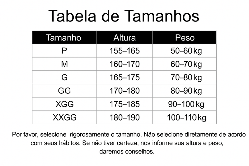 Tabela de tamanhos brasileira